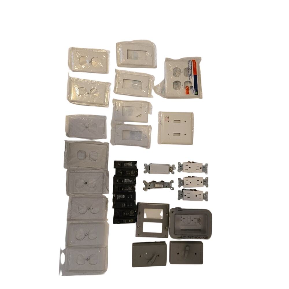 Assorted Electrical Outlet and Switch Covers with Switches and Outlets
